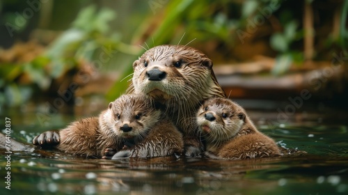 An endearing scene of a mother otter with her cubs in a verdant wetland, their wet fur glistening as they huddle together in the water.