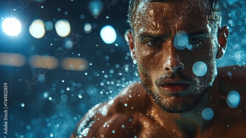 A powerful depiction of a determined athlete  his muscles glistening in the rain  intensely focused as he trains under a backdrop of glowing bokeh lights.