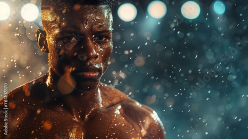 A powerful depiction of a determined athlete, his muscles glistening in the rain, intensely focused as he trains under a backdrop of glowing bokeh lights.