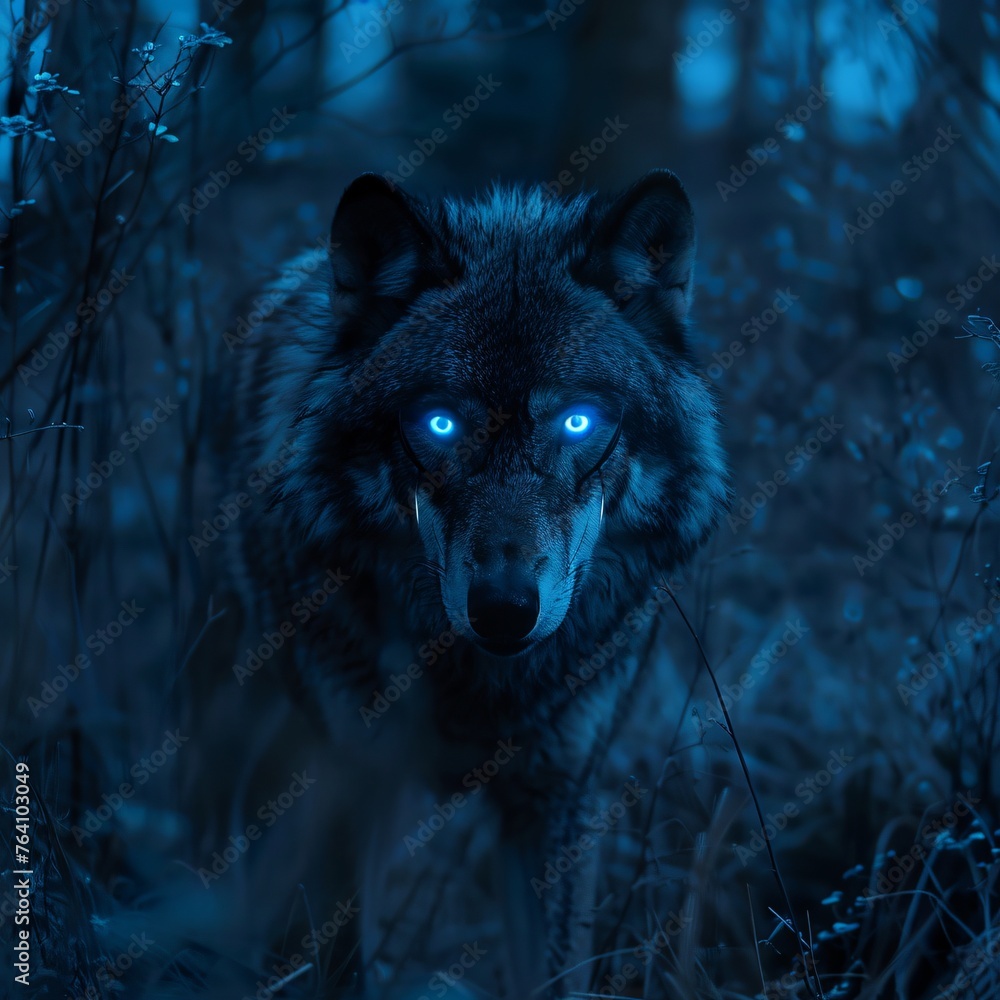 Giant wolf eyes ablaze with glowing blue neon prowling the mystical lands under a starless sky