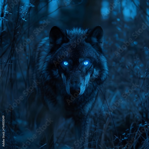 Giant wolf eyes ablaze with glowing blue neon prowling the mystical lands under a starless sky © Sara_P