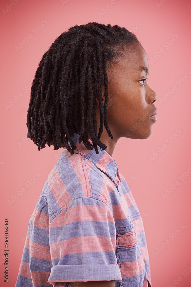 Thinking, profile and black boy kid in studio with why, questions or memory on red background. Planning, child development or African teen model with vision for solution, problem solving or insight Thinking, profile and black boy kid in studio with why, questions or memory on red background. Planning, child development or African teen model with vision for solution, problem solving or insight