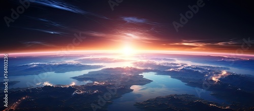 An aerial view of the planet Earth from outer space with a brilliant sun ascending above the edge of the planet photo