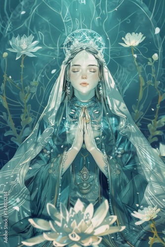 Illustration of a Sacred and Divine Meditation in the Earth Maiden Winter Style created with Generative AI Technology