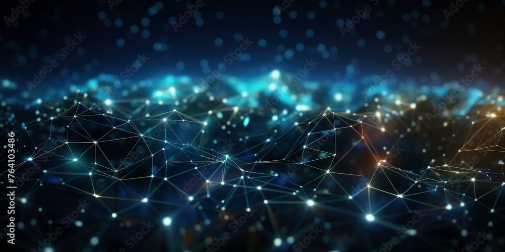 Abstract technology background with a blue polygonal network line connection. Concept of digital data transfer and global internet telecommunication, white dots on a dark navy background. Flat lay Abstract technology background with a blue polygonal network line connection. Concept of digital data transfer and global internet telecommunication, white dots on a dark navy background. Flat lay