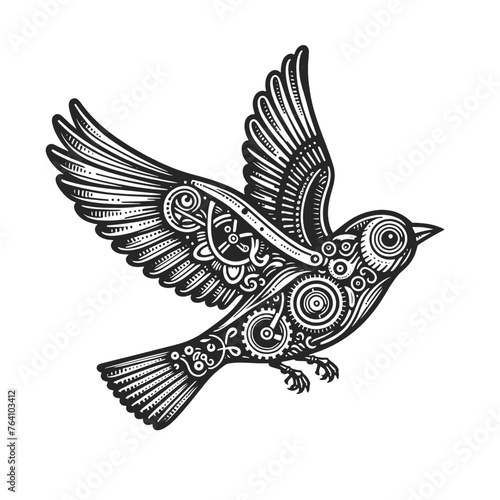 Intricate mechanical bird illustration in a black and white engraving style sketch engraving generative ai fictional character vector illustration. Scratch board imitation. Black and white image.