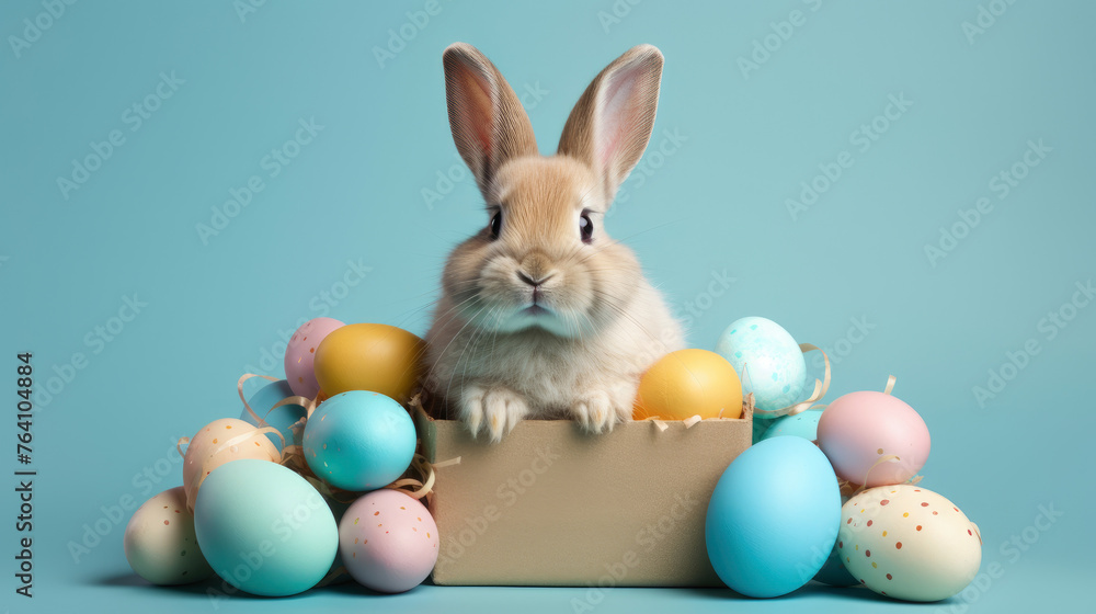 A rabbit is standing in front of a box full of Easter eggs. Concept of joy and celebration