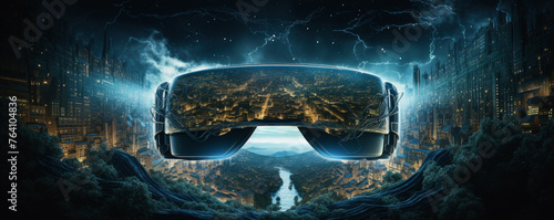 A VR headset is shown in a cityscape with a river running through it. Concept of adventure and exploration, as if the viewer is about to embark on a journey through the city