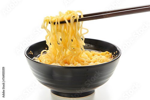 A closeup of chopsticks picking up ramen noodles from a bowl isolated on white background