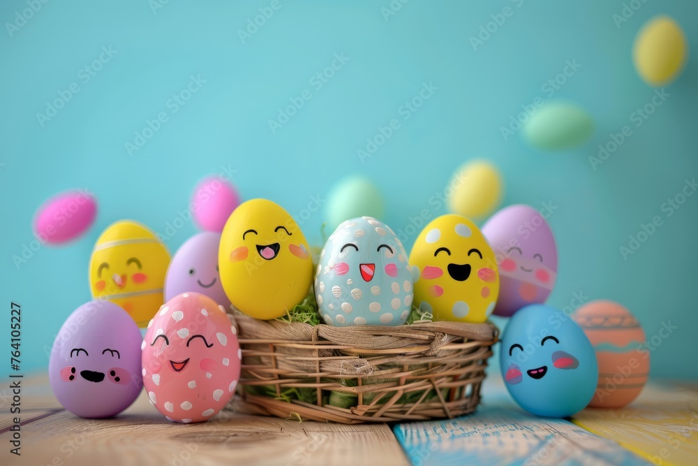 Colorful Easter eggs and decorations against blue background, Colorful Easter eggs and decorations on egg-sandwich.