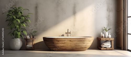 Capture of a bathtub in a bathroom showcasing a green plant  creating a serene and natural ambiance