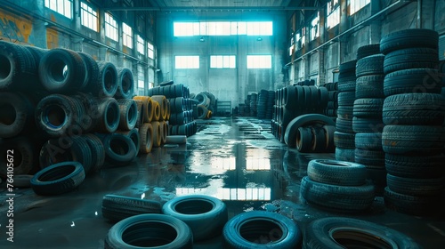 Old tires lie in warehouse after being used, Old tires and garbage in the basement of the garage. photo