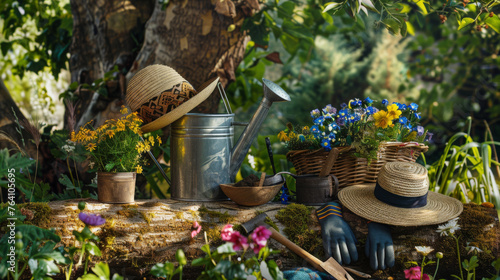 A quaint gardening set with a wicker basket and colorful blooms is arranged on a tree stump.