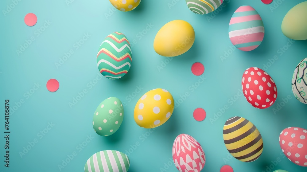 Easter eggs falling against turquoise background, Easter eggs on turquoise background. Easter eggs falling against turquoise background, Easter eggs on turquoise background.