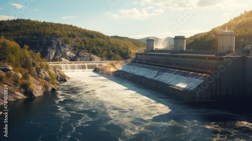 Hydroelectric dam on the river, water discharge from the reservoir. photo