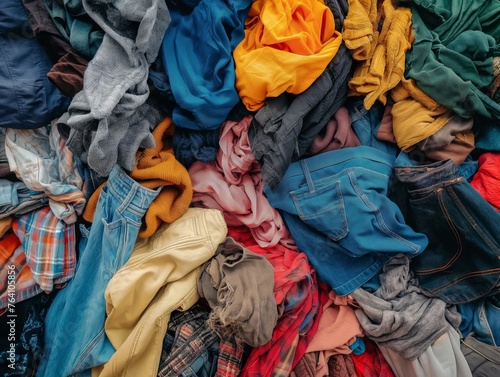A vibrant heap of mixed clothes representing clutter or donation concepts.