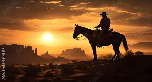 A cowboy riding a horse in silhouette against a desert landscape sunset background