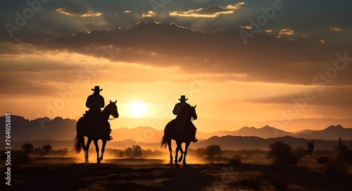 A cowboy riding a horse in silhouette against a desert landscape sunset background