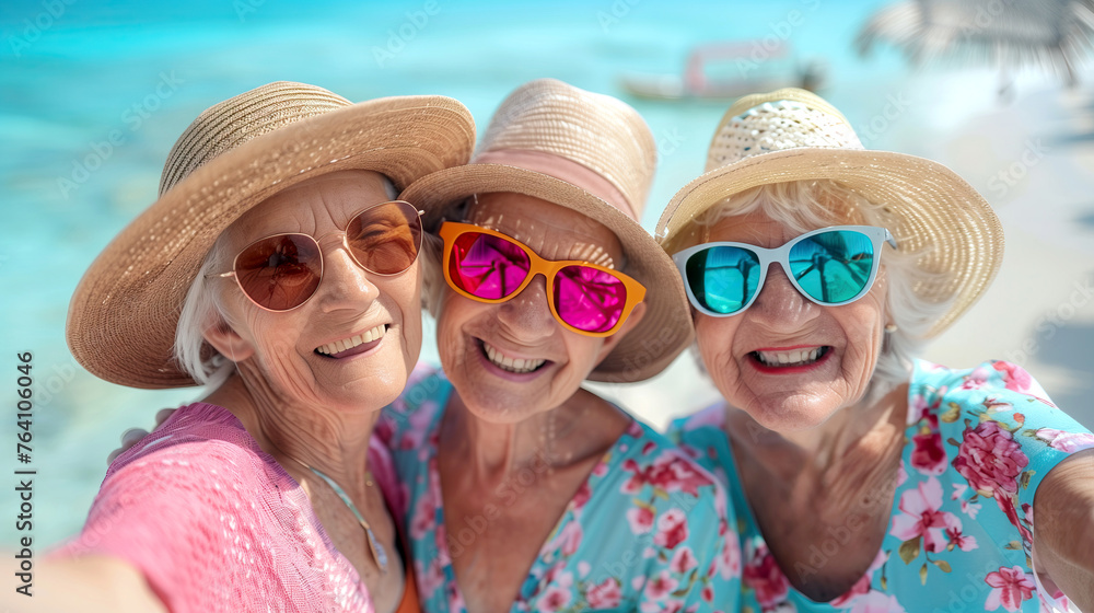 Three Joyful Senior Women in sun hats and colorful sunglasses Taking a Selfie on a Sunny Tropical Beach Vacations