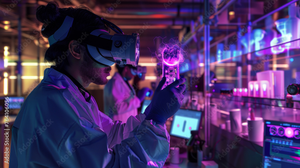 A focused scientist holding a flask containing a glowing purple substance, conducting experiments in a dimly lit futuristic lab A focused scientist holding a flask containing a glowing purple substance, conducting experiments in a dimly lit futuristic lab