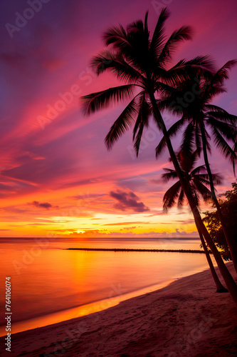 vertical image of Breathtaking Tropical Beach Sunset with Vivid Pink and Orange Sky and Silhouetted Palm Trees