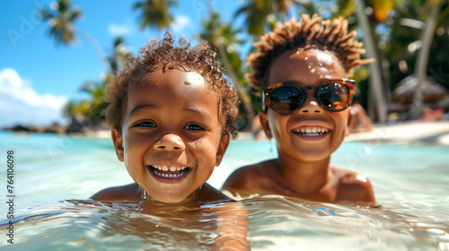 Joyful two multiracial boys kids Playing and taking a selfie photo in Tropical Waters Under Palm Trees on the exotic beach