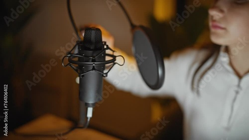 A young caucasian woman recording vocals in a well-equipped studio, displaying concentration and professionalism. photo
