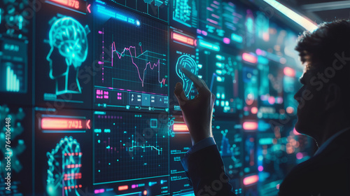 Wallpaper Mural A man engages with a futuristic interactive touchscreen displaying data analytics, symbolizing control and strategy Torontodigital.ca