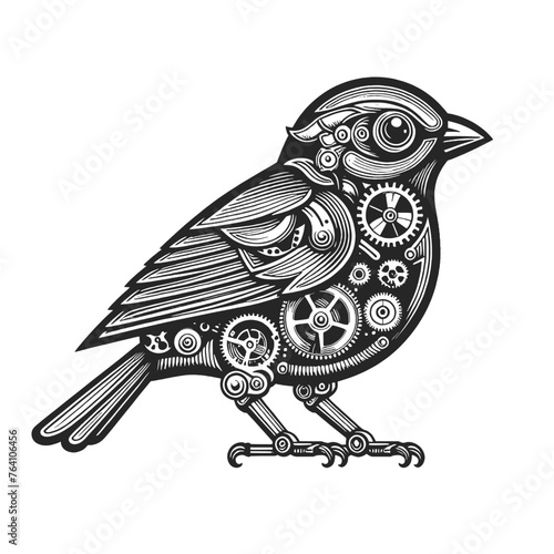 Intricate mechanical bird illustration in a black and white engraving style sketch engraving generative ai fictional character vector illustration. Scratch board imitation. Black and white image.