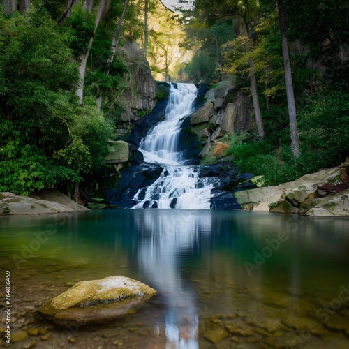 Crystalclear waterfall descends gracefully amidst tranquil woodland For Social Media Post Size