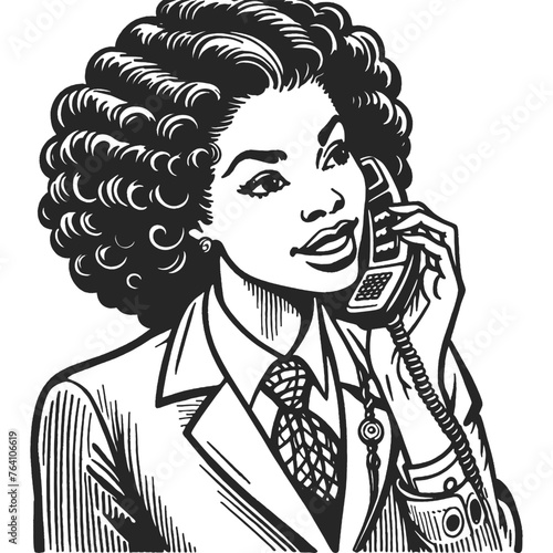 businesswoman talking on a telephone, exuding 1950s professional style sketch engraving generative ai fictional character vector illustration. Scratch board imitation. Black and white image.