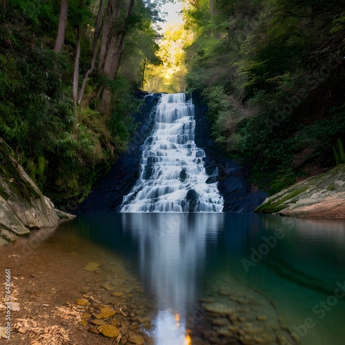 Crystalclear waterfall descends gracefully amidst tranquil woodland For Social Media Post Size