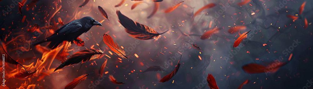 Craft a mesmerizing backdrop background featuring crow feathers transforming into blazing embers - obrazy, fototapety, plakaty 