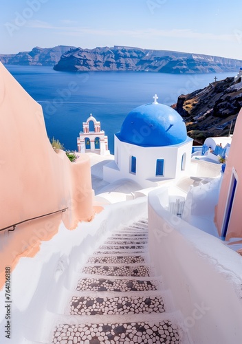 Stairs leading to the blue dome of Santorini, in front is an open sea view, white walls and light pink tiles. Travel concept.