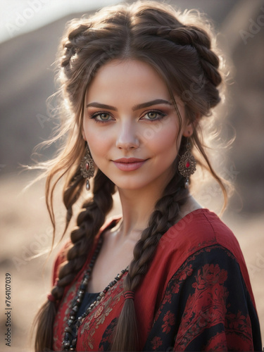 Enchanting Eurasian Beauty: A Fantasy Portrait of a Slavic-Turkish Maiden with Beguiling Eyes photo