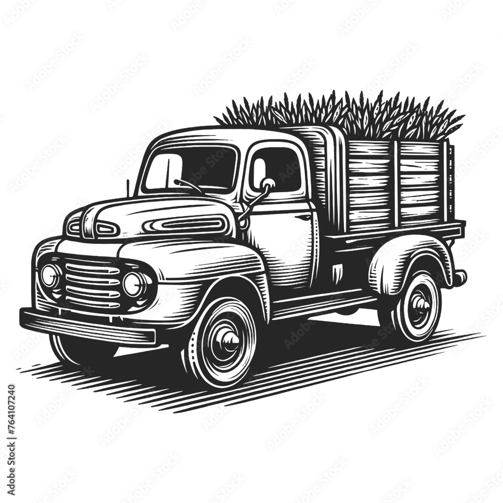 old-fashioned farm truck in a rustic countryside setting sketch engraving generative ai fictional character vector illustration. Scratch board imitation. Black and white image.