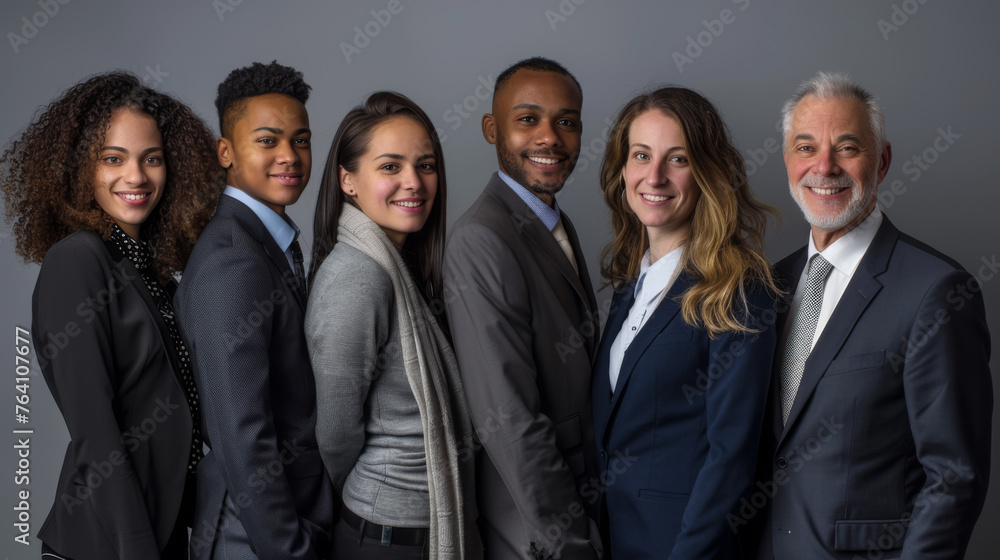 Professional team in suits stands confidently with arms crossed against a white brick wall. Professional team in suits stands confidently with arms crossed against a white brick wall.