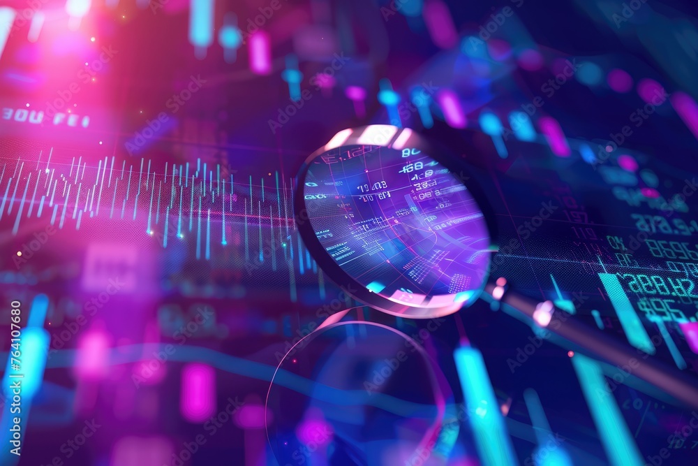 Enlarged view of digital data analysis through a magnifying glass, highlighting intricate patterns of financial graphs and cybersecurity in a neon-lit, tech-savvy environment - AI generated. Enlarged view of digital data analysis through a magnifying glass, highlighting intricate patterns of financial graphs and cybersecurity in a neon-lit, tech-savvy environment - AI generated.
