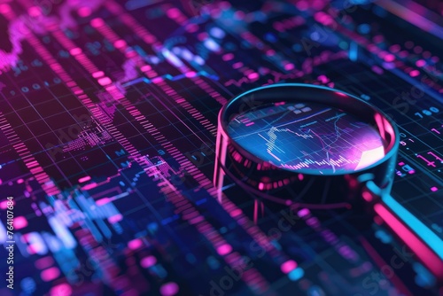 Enlarged view of digital data analysis through a magnifying glass, highlighting intricate patterns of financial graphs and cybersecurity in a neon-lit, tech-savvy environment - AI generated.