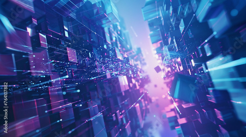 Unique 3D animation showcasing stunning blue and purple colors in a tech-inspired abstract setting