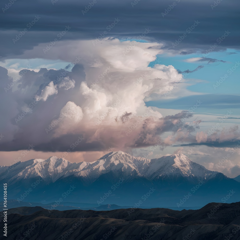 Majestic mountains stand against a backdrop of dramatic cloud formations For Social Media Post Size