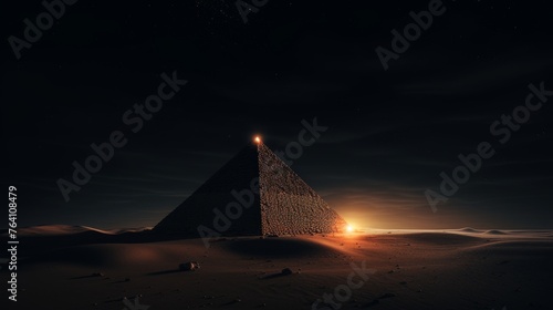 Majestic great pyramid shining brightly under the moonlight, resting atop mountain summit