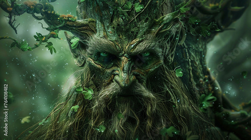 A Leshy, a tree spirit with gnarled branches and emerald leaves, guarding a sacred forest