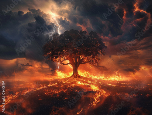A lone tree standing against a thunderous sky, lightning strikes as flames engulf its base, a battle of elements