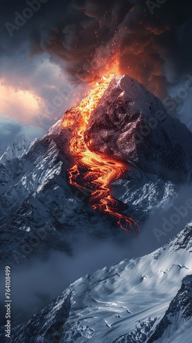A serene snow mountain landscape disrupted by a glowing lava eruption, a contrast of fire and ice