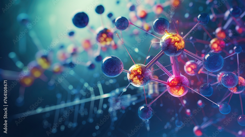 A colorful image of molecules with a blue background. Concept of complexity and interconnectedness, as the various molecules are shown in different sizes and colors - obrazy, fototapety, plakaty 