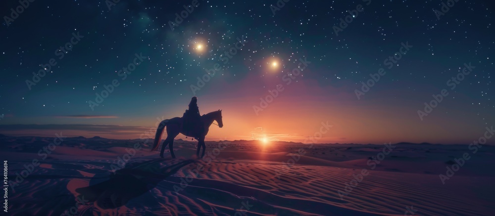 Fototapeta premium Mystical Journey: A Lone Rider Under the Enchanting Desert Sky
