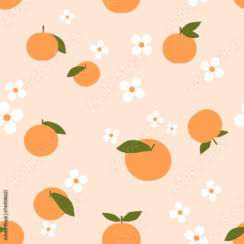 Fototapeta Naklejka Na Ścianę i Meble -  Seamless pattern with orange fruit, green leaves and white flower on orange background vector.