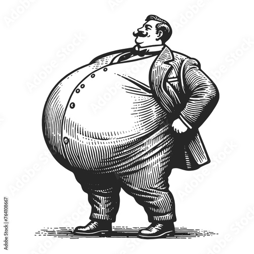 Cheerful Portly Fat overweight Gentleman sketch engraving generative ai fictional character vector illustration. Scratch board imitation. Black and white image.