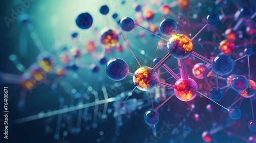 A colorful image of molecules with a blue background. Concept of complexity and interconnectedness, as the various molecules are shown in different sizes and colors